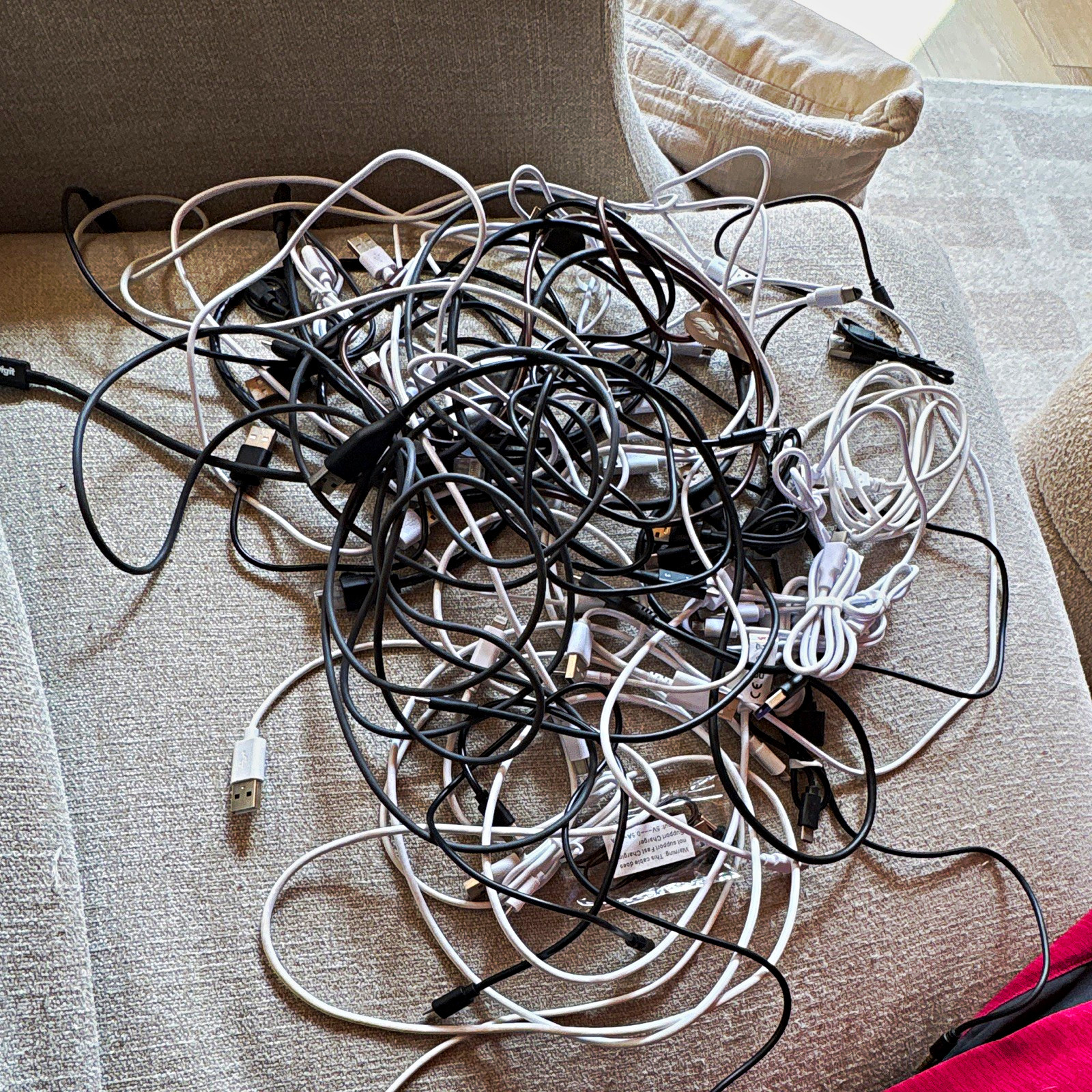 Mixed Lot of 40+ USB Type A/Type-C, Ethernet, Lightning Cables, Black & White