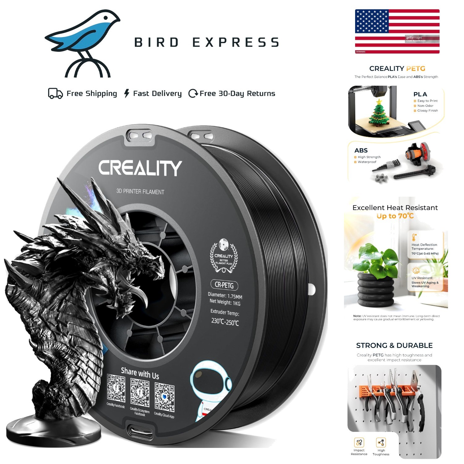 Creality PETG 3D Printer Filament 1.75mm 1kg Black Tough Strong Moistureproof