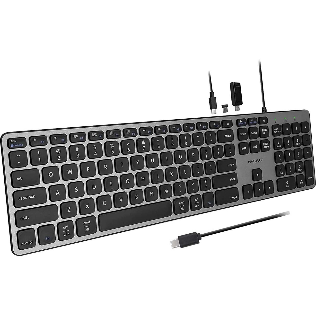 Macally Premium Wired USB C Keyboard with USB Ports - Connect Up to 3 Devices -
