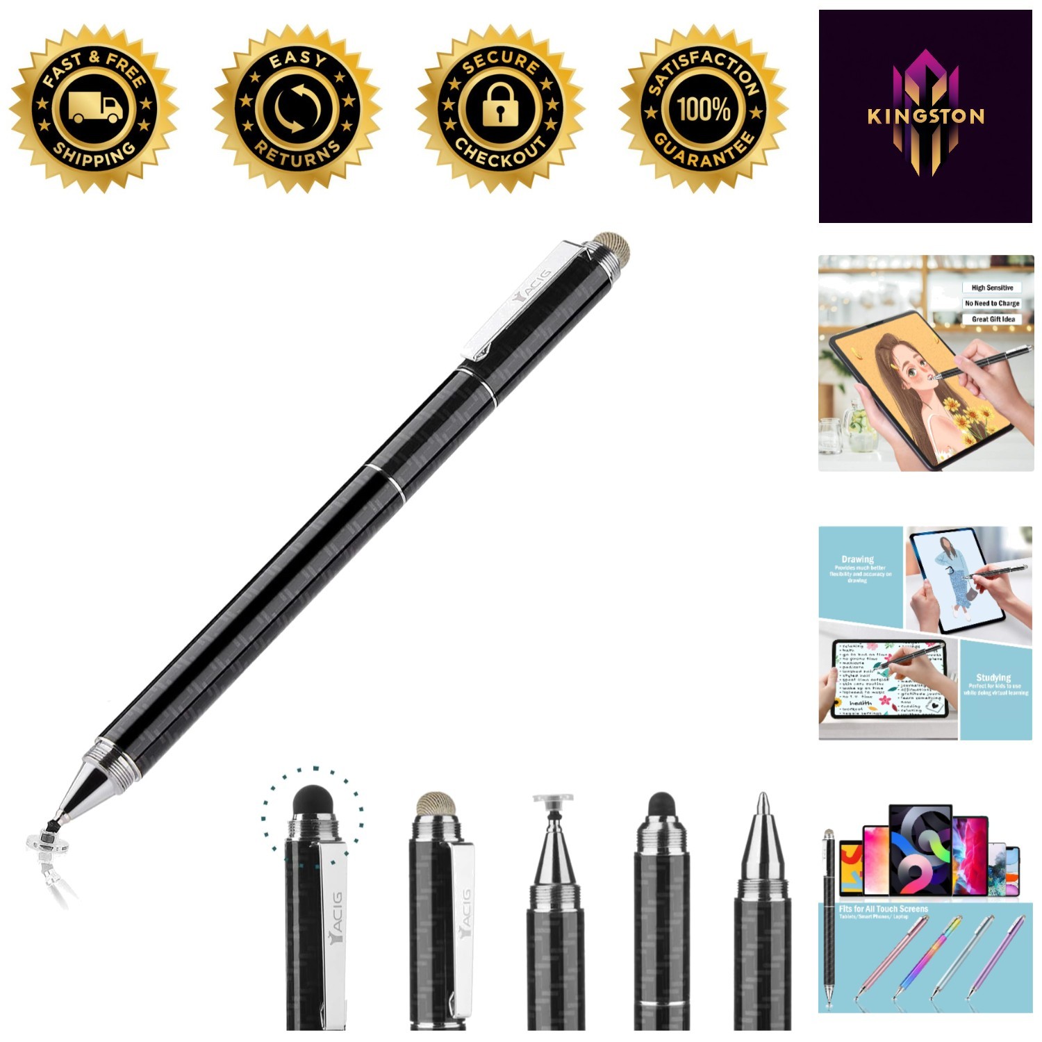 Sleek 4-in-1 Stylus with Disc, Rubber & Fiber Tips for Tablets & Smartphones