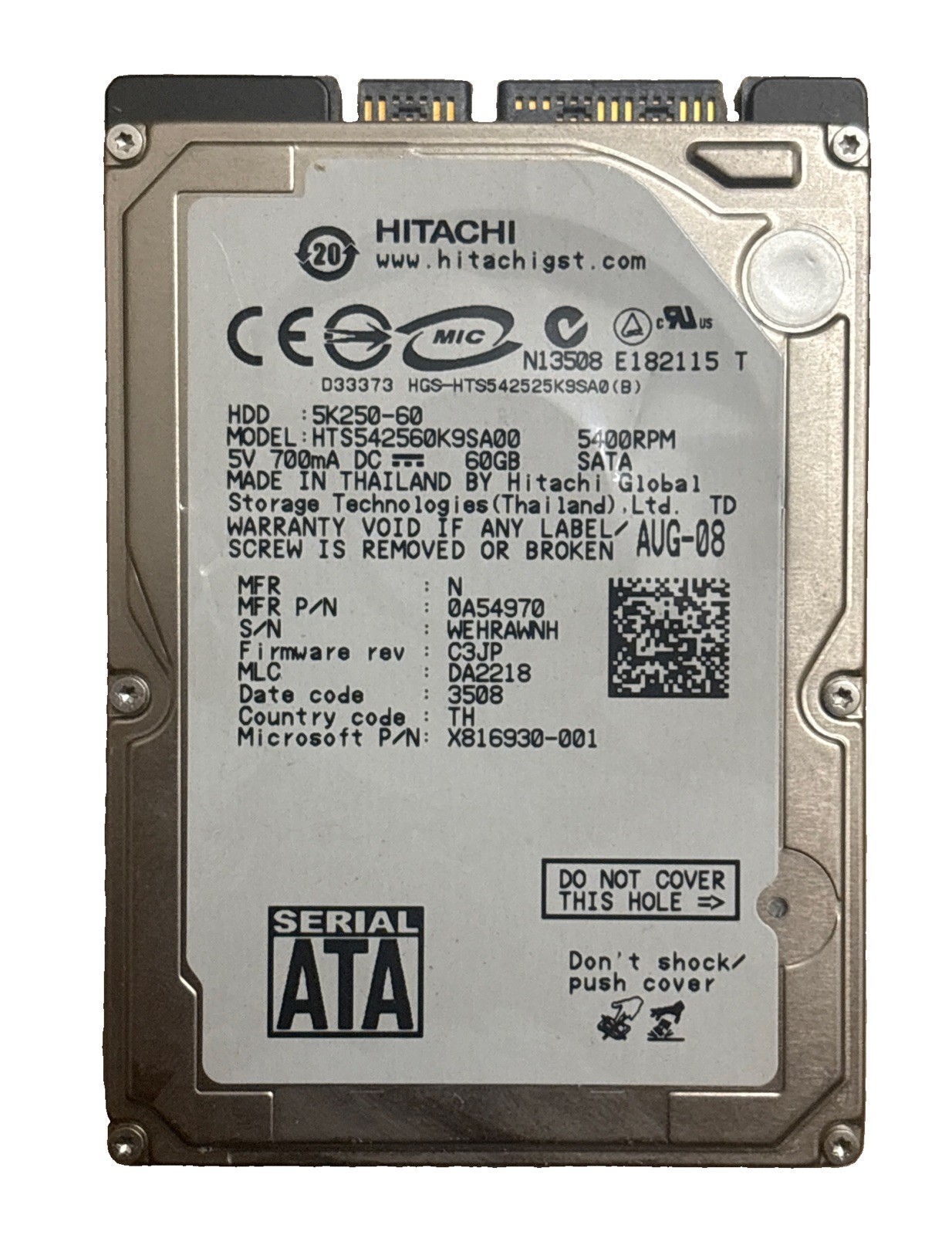 Hitachi Travelstar 5K250 60GB 2.5" SATA 5400RPM HDD HTS542560K9SA00 - Tested