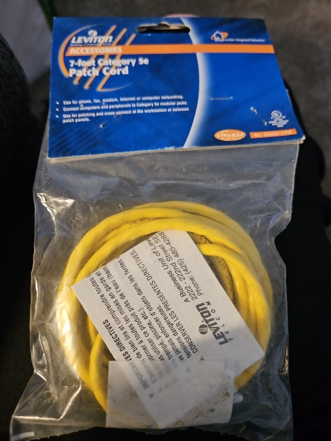 Leviton 5G455-7YW Yellow Cat5e 7ft Ethernet Cable Data Patch Cord Network Booted