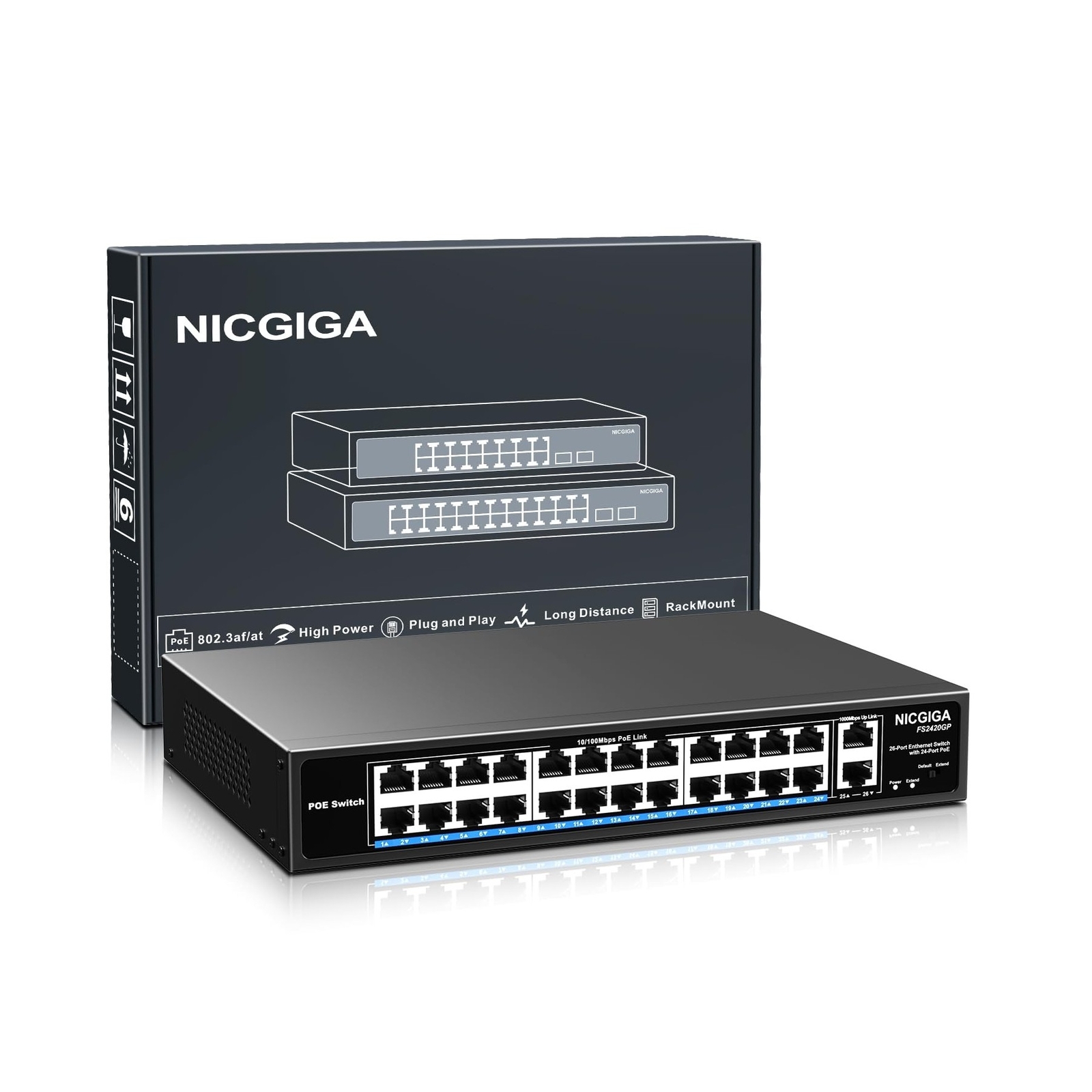 24 Port PoE Switch Unmanaged, 24 Port PoE+@400W, 2 Gigabit Uplink Ports, NICG...