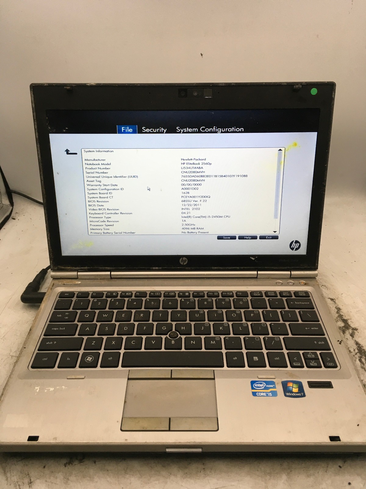 HP ELITEBOOK 2560P - BOOTS TO BIOS - INTEL I5 2450M - 4GB RAM - 12" - READ - BB