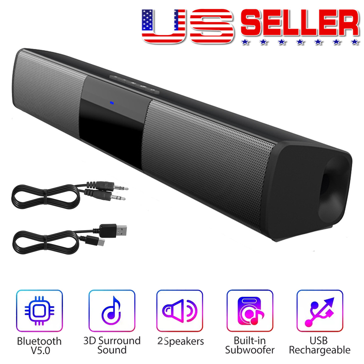 Surround Sound Bar 2 Speaker System Wireless Bluetooth Subwoofer TV Home Theater