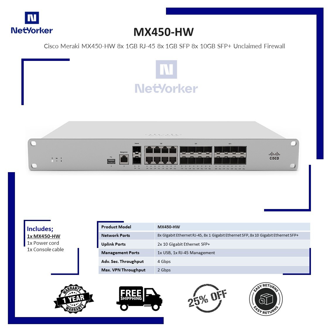 Cisco Meraki MX450-HW Cloud Managed Security Appliance -Same Day Shipping