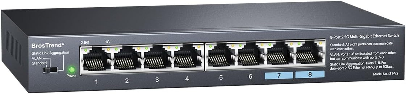 BrosTrend 2.5Gb Switch, Unmanaged 8 Port Ethernet Switch 2.5 Gigabit Supports St