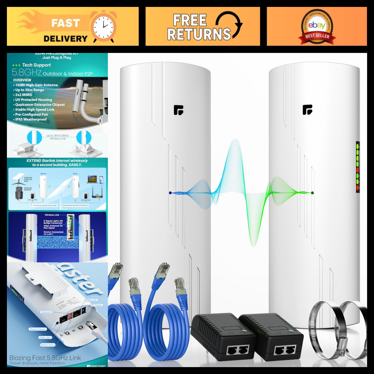 Outdoor Wireless Bridge Kit - Long Range 5G WiFi Expansion, Point to Point (2 Pa