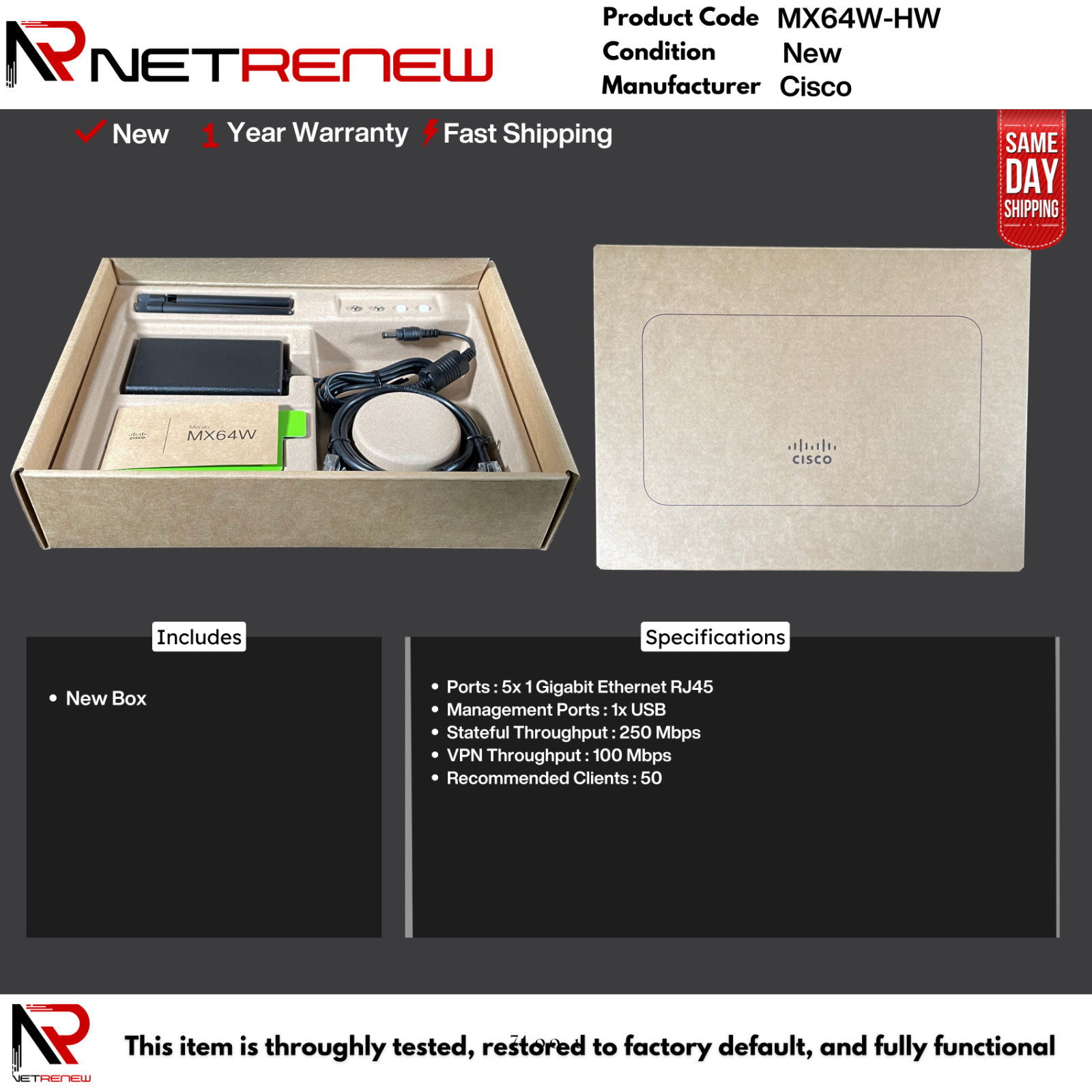 New Unclaimed Cisco Meraki MX64W-HW Firewall Security Appliance - Fast Shipping