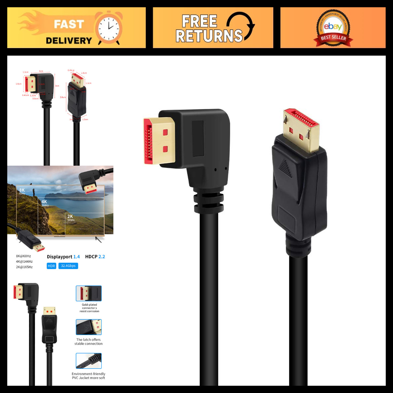 90 Degree DisplayPort 1.4 Adapter Cable - Right Angle 6ft/1.8m - High-Speed Conn