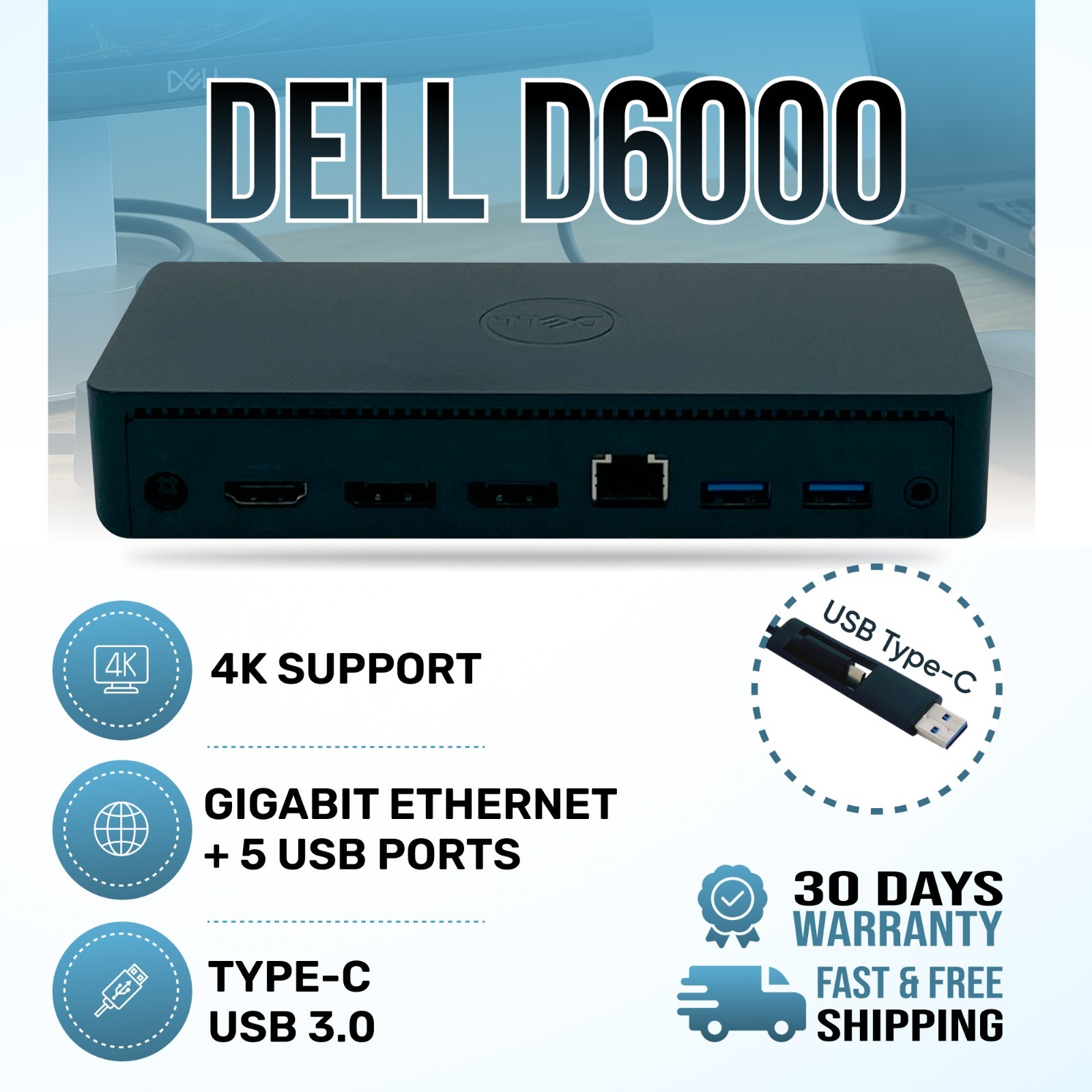 Dell D6000 USB-C Ultra 4K HDMI Universal Docking Station NO ADAPTER