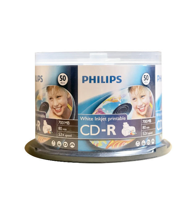 50 PHILIPS CD-R 52X White Inkjet Hub Printable 700MB/80 MIN SPINDLE CAKE BOX