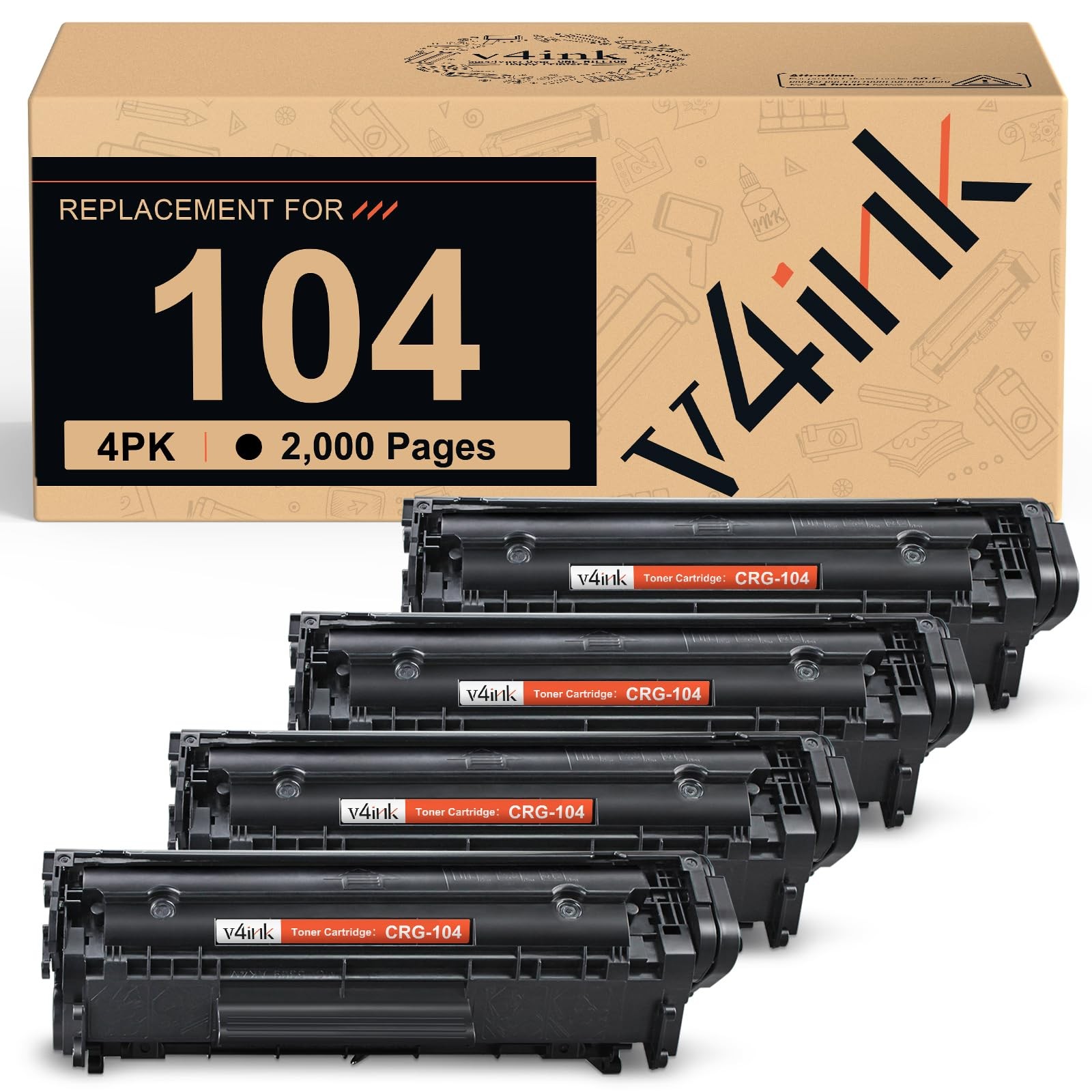 V4INK 4Pack Compatible Toner Cartridge Replacement for Canon 104 CRG104 FX9