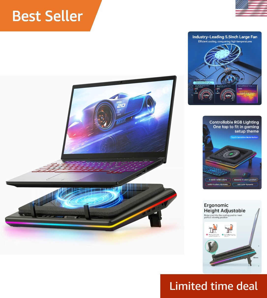 RGB Laptop Cooling Pad, Gaming Laptop Cooler with Powerful Turbofan, Fast Coo...