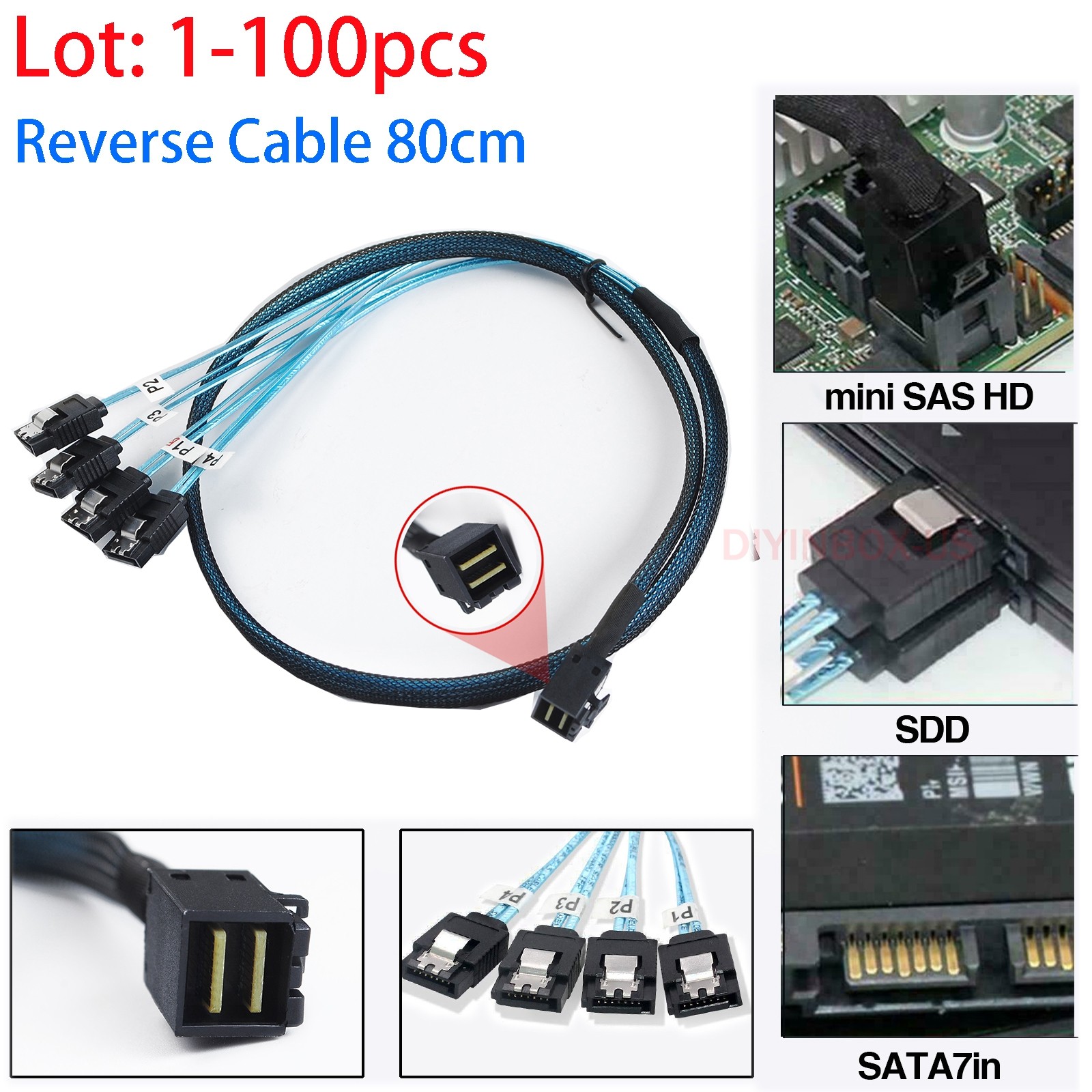 Lot  Mini Power Reverse Breakout SAS HD Cable 4X SATA 7Pin to SFF8643 80cm Cable