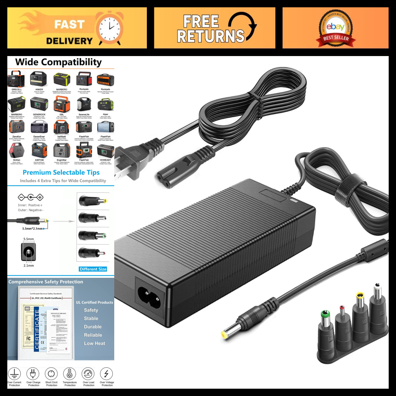 15V 60W AC Adapter Charger for Portable Power Stations, Solar Generator Power Su