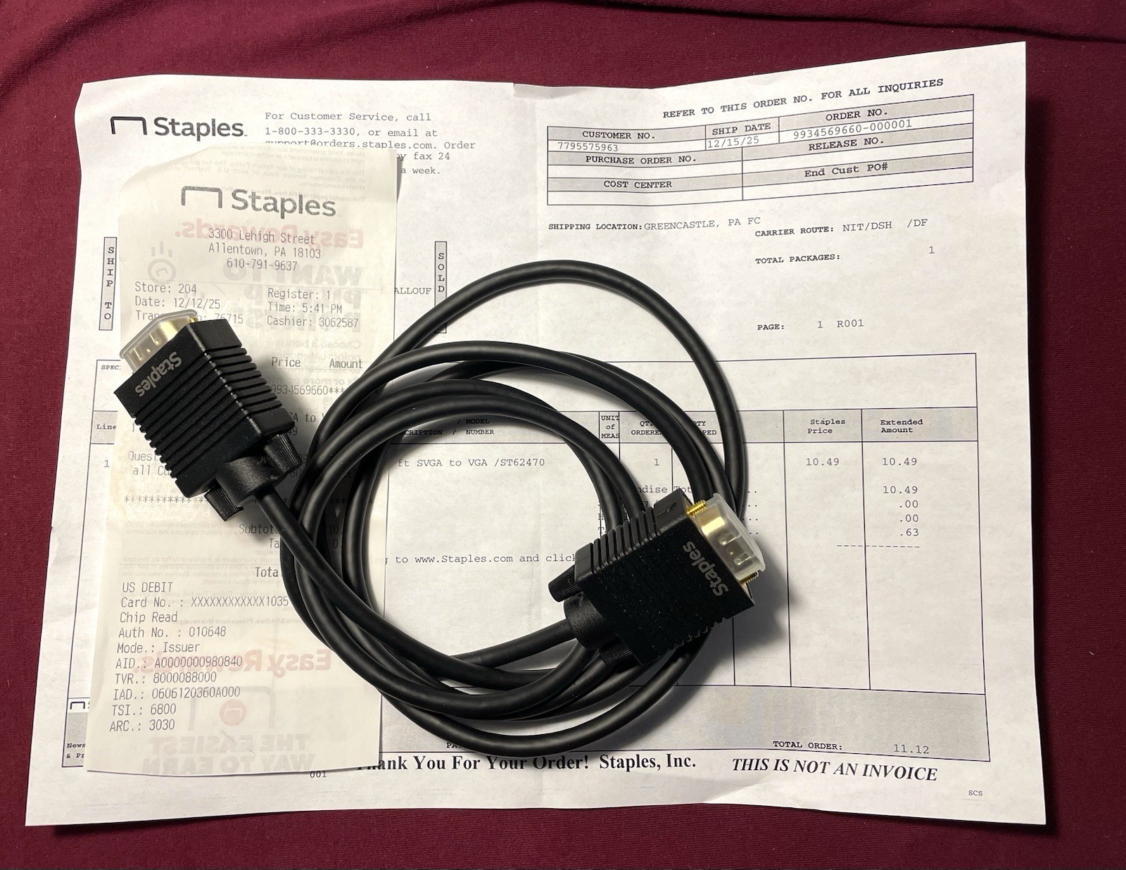 Brand New, Staples 6 Foot SVGA to VGA cord Black W/ Receipt