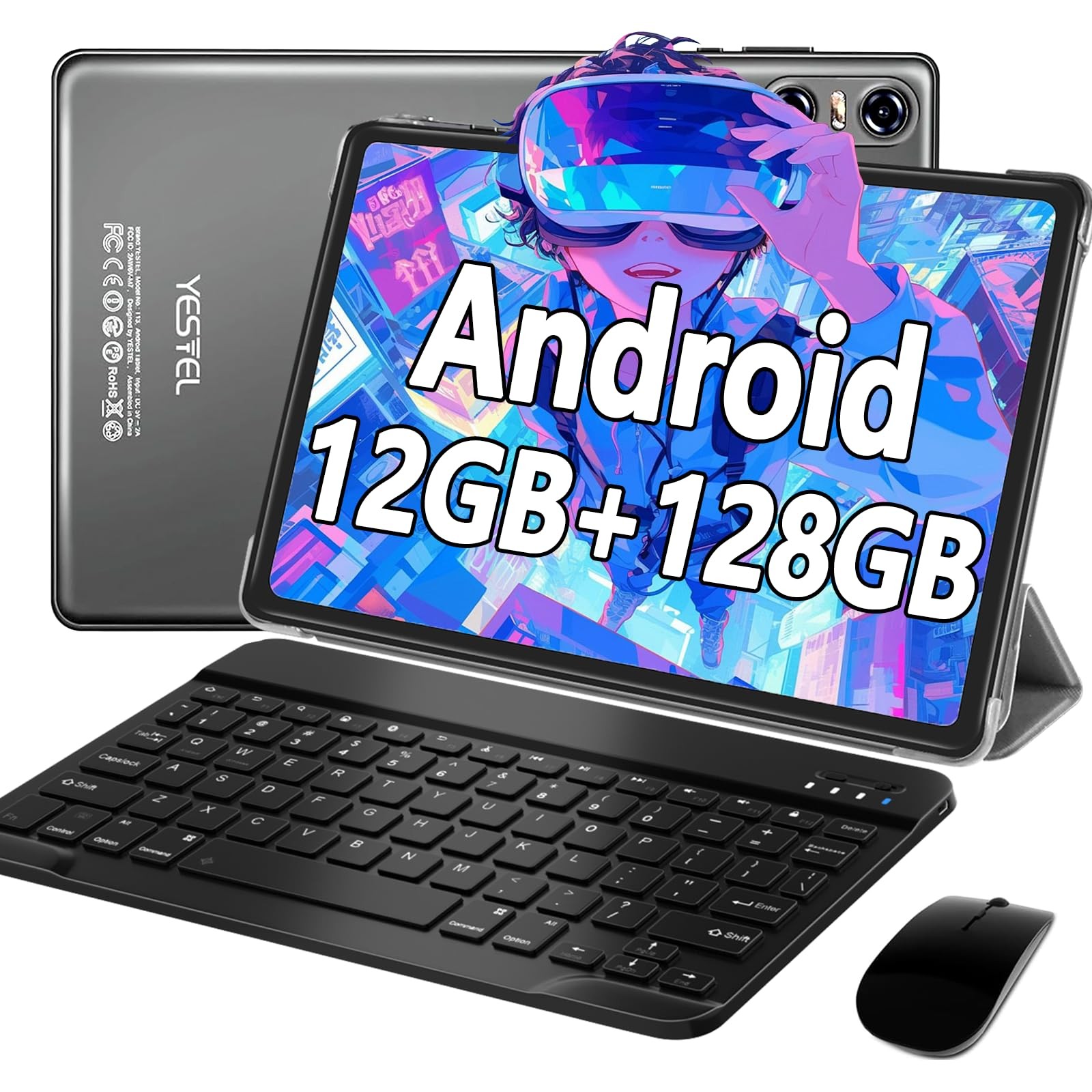 Yestel 10.1 Inch Android 13 Tablet 12GB 128GB Grey Keyboard