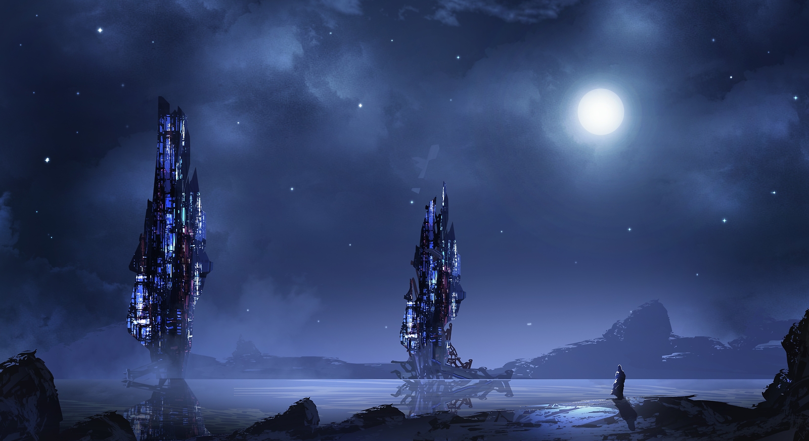 Landscape futuristic blue night tower moon art sky Custom Gaming Mat Desk