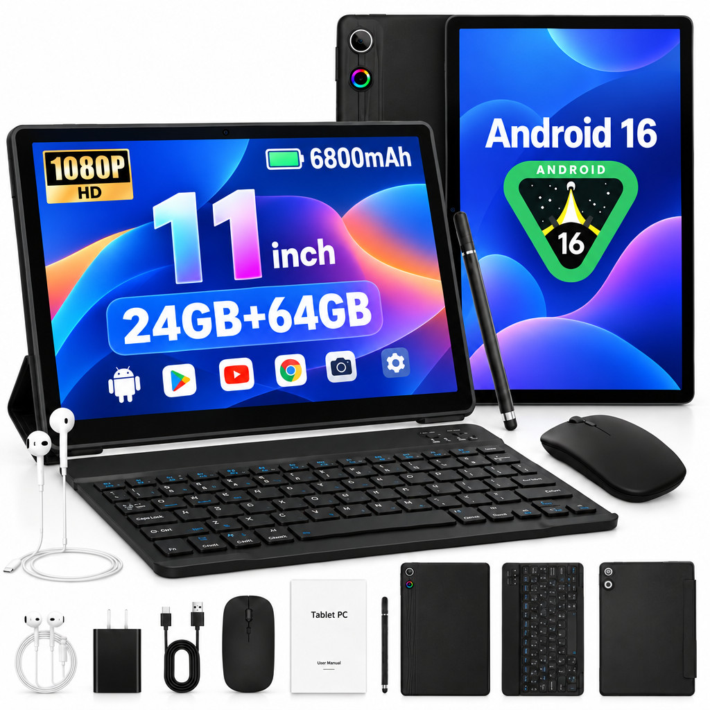 AEEZO 11 Inch Android 16 Tablet 24GB+64GB ROM WiFi 5G/2.4G 6800mAh Face ID Unloc