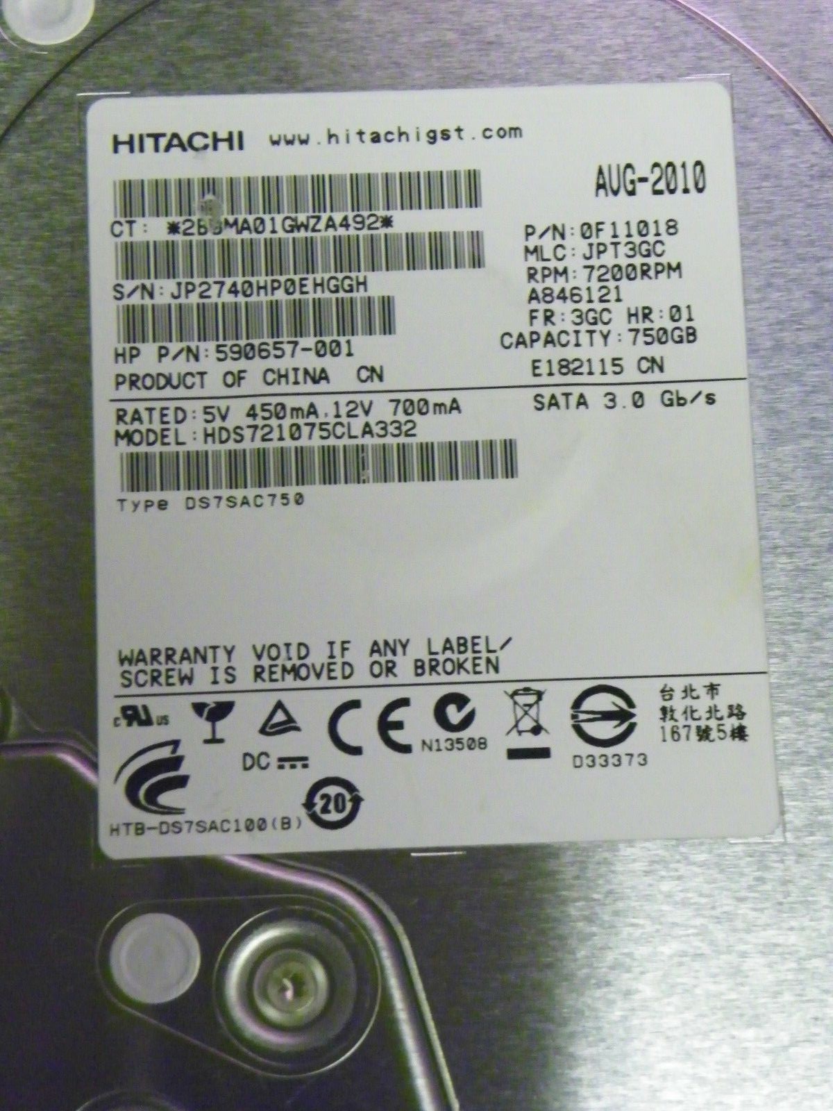 Hitachi HDS721075CLA332 P/N:0F11018 MLC:JPT3GC 750GB 3.5" SATA Hard Drive