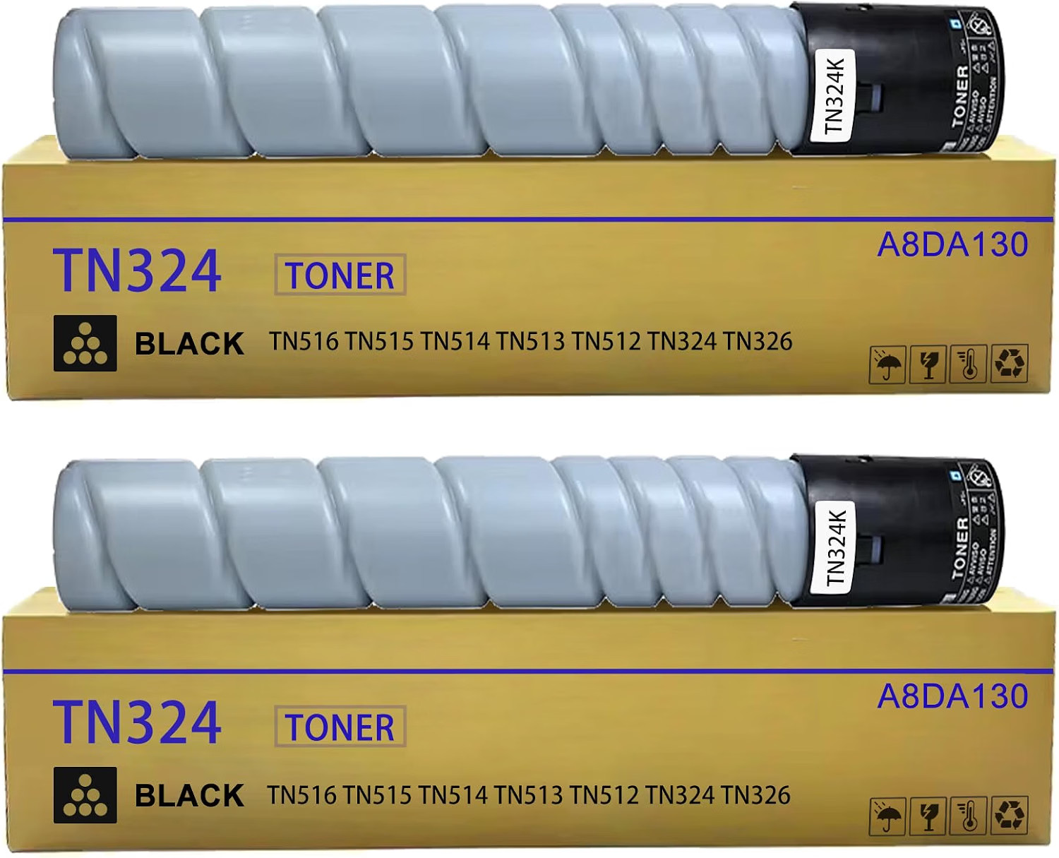 Chip 2-Pack Toner Cartridges TN-324 TN324 Black Konica Minolta Bizhub C258 BN