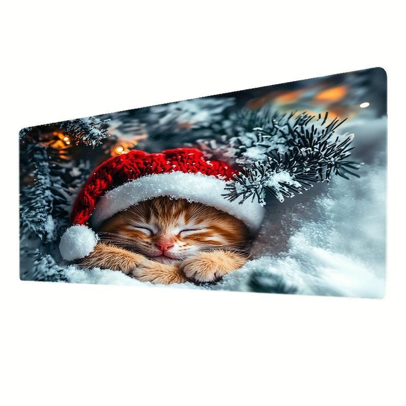 A Festive Mouse Pad Featuring a Cute Orange Tabby Cat Wearing a Christmas Hat,