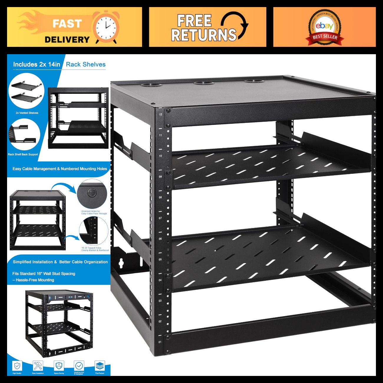 12U Open Frame Network Rack, 2x 14" Vented Shelves, Wall Mount/Floor Stand, 150
