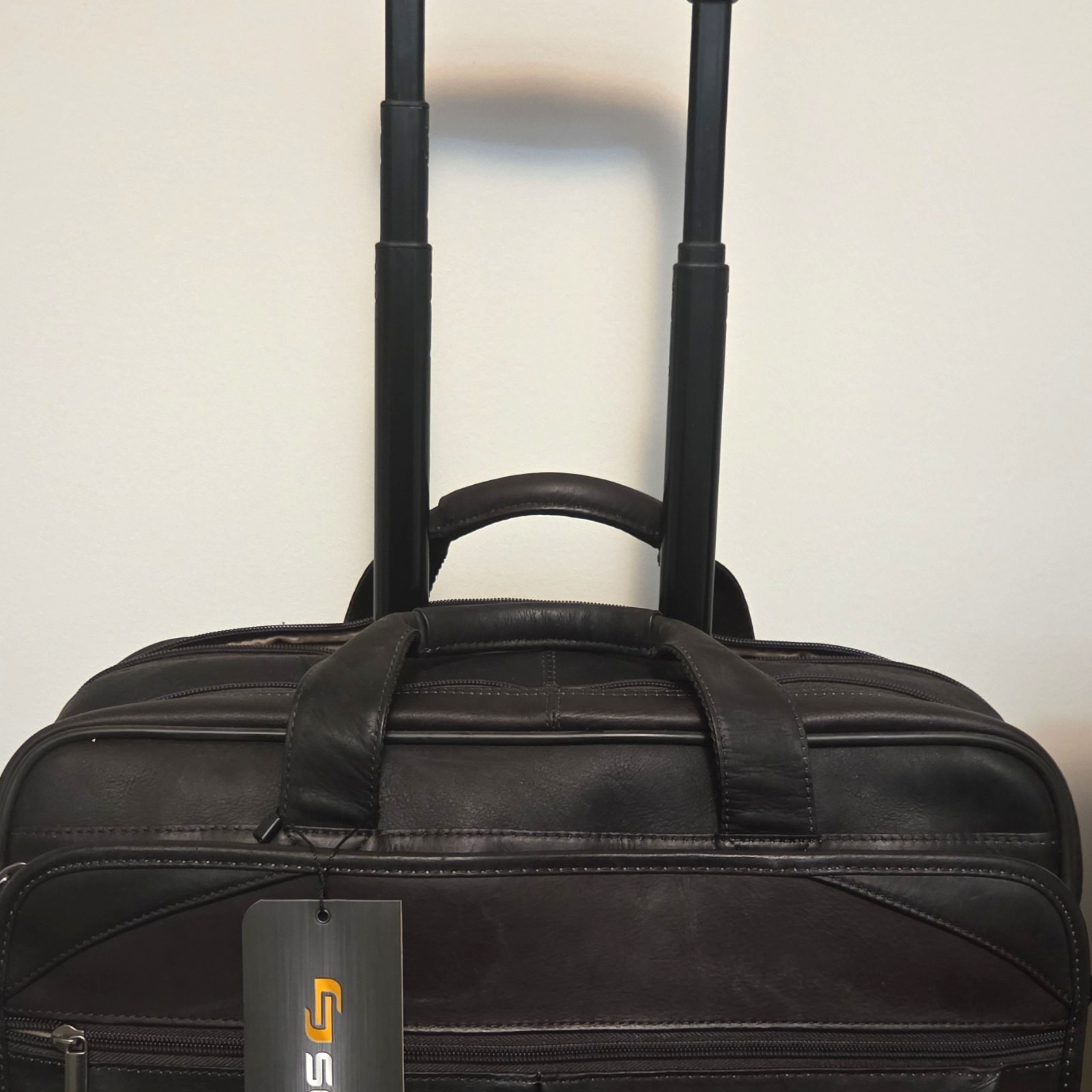 SOLO Black Leather Rolling Briefcase w/ Wheels Retractable Handle Fits 15"