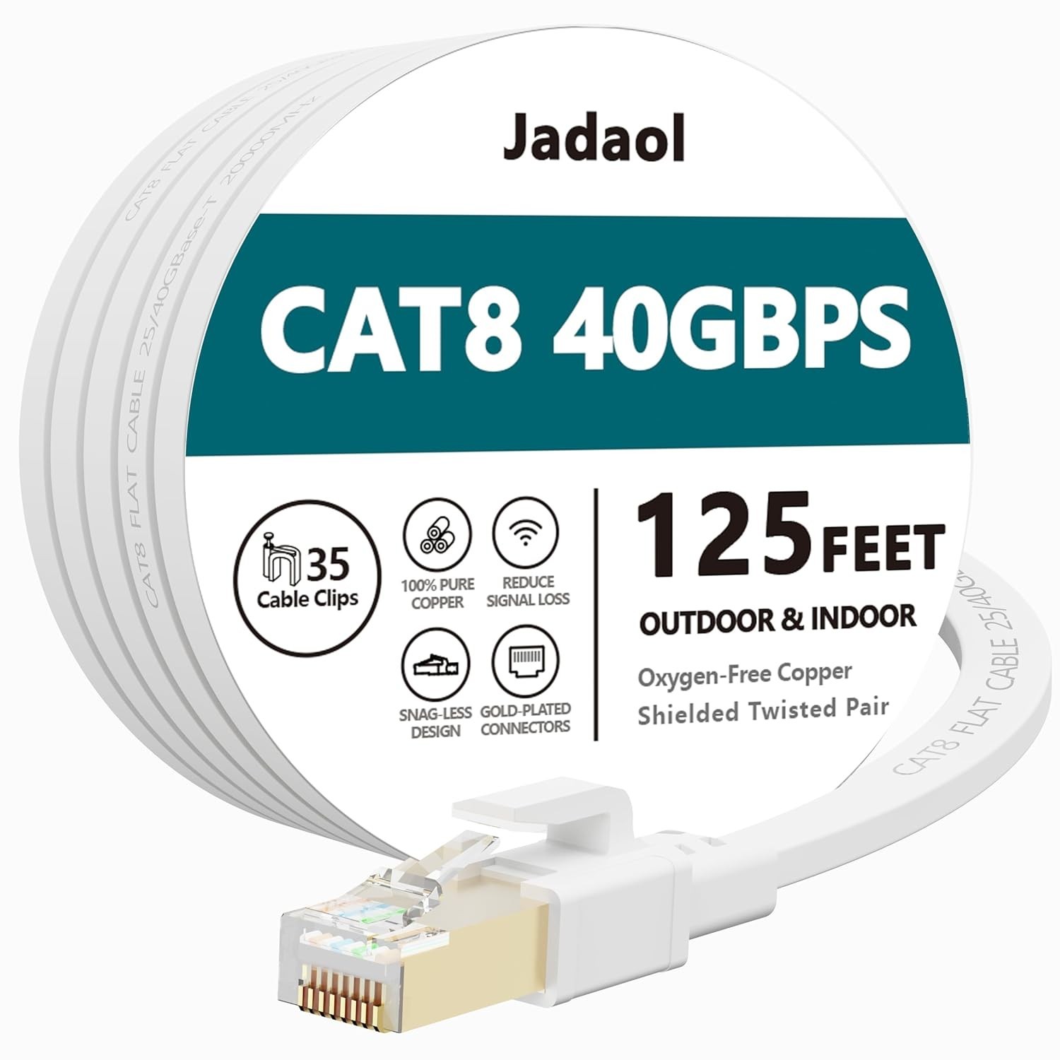 Cat8 Ethernet Cable 125 ft (38.1m), Outdoor&Indoor, Flat 40Gbps 125ft, White 