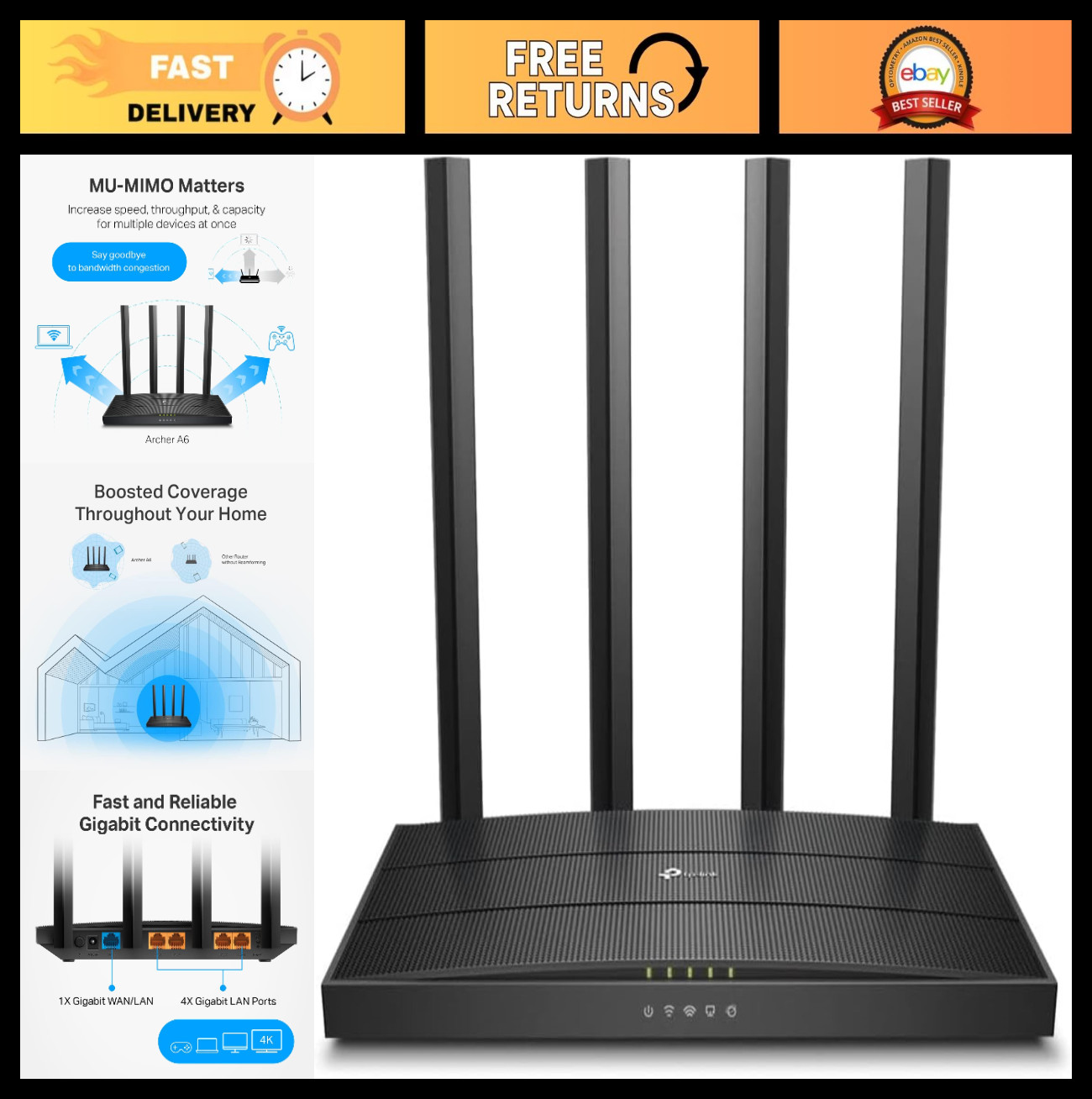 TP-Link AC1200 Gigabit Dual Band WiFi Router (Archer A6)