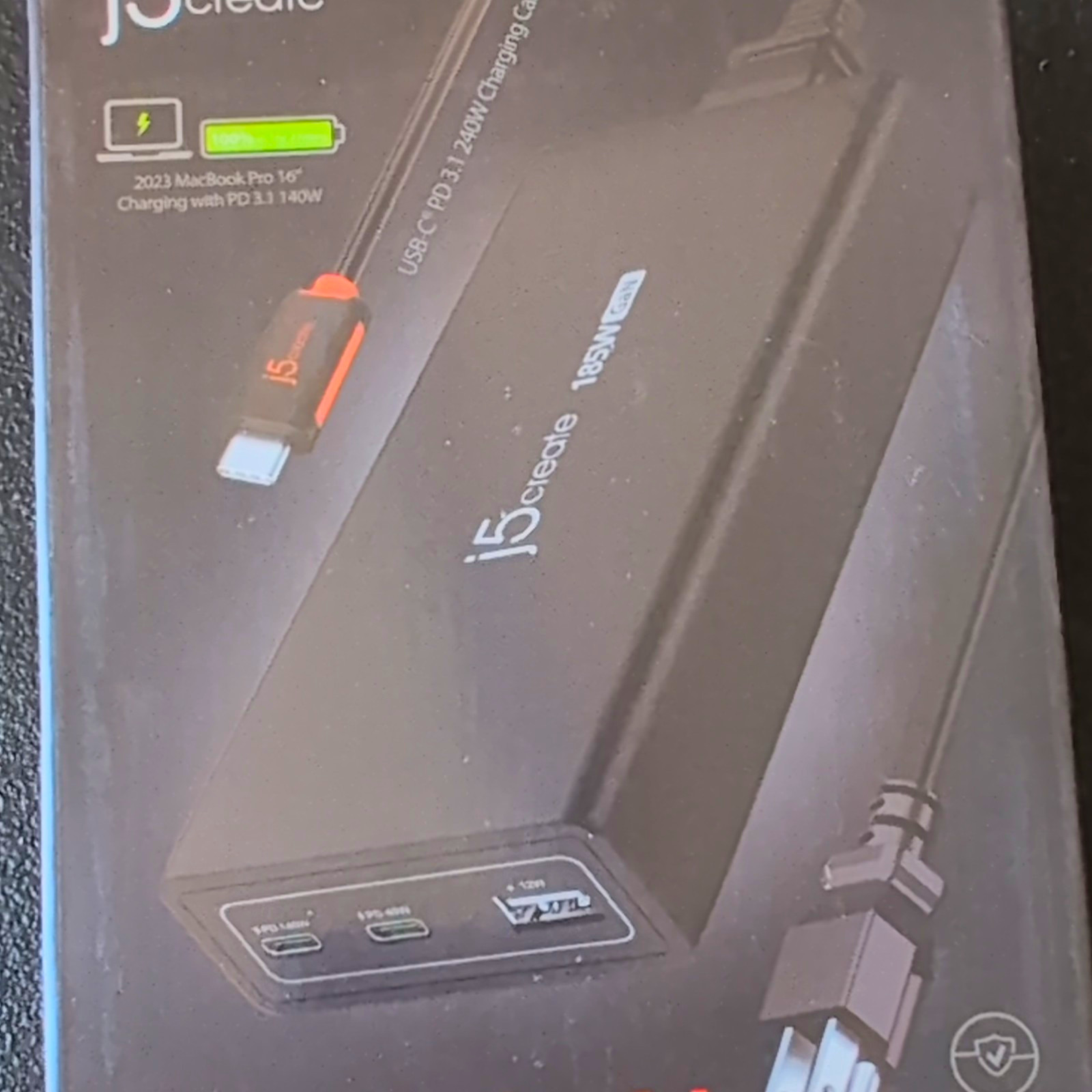 j5create JUP37185 185W GaN USB-C PD 3.1 Charger w/ 1.5m Cable Black