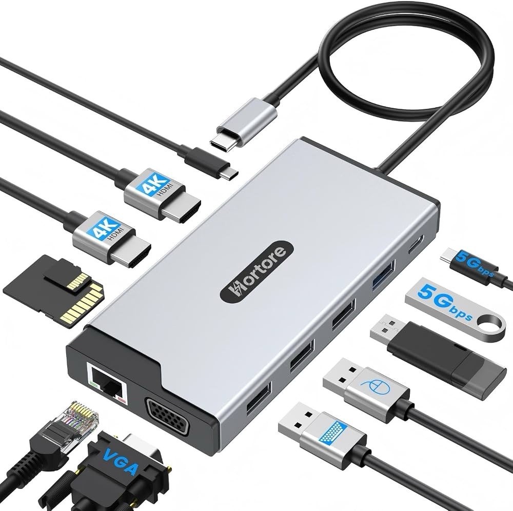 USB C Hub, 12-in-1 Docking Station Dual Monitor with 2 HDMI, VGA, RJ45, 100W PD