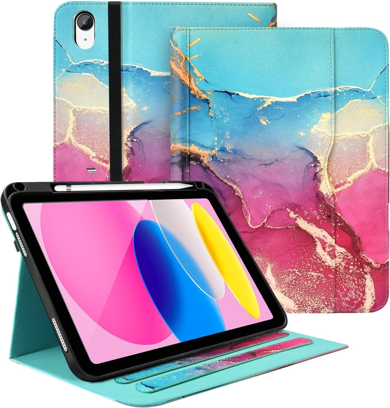 PU Leather Case for 11-inch 2025 iPad 11th Gen, Multi-Angle Viewing, Marble Teal