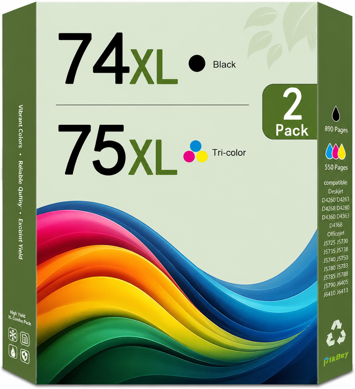 2PK 74XL 75XL (Black/1Tri-Color) High Yield Ink Cartridges FOR D4368 J5725 C5273