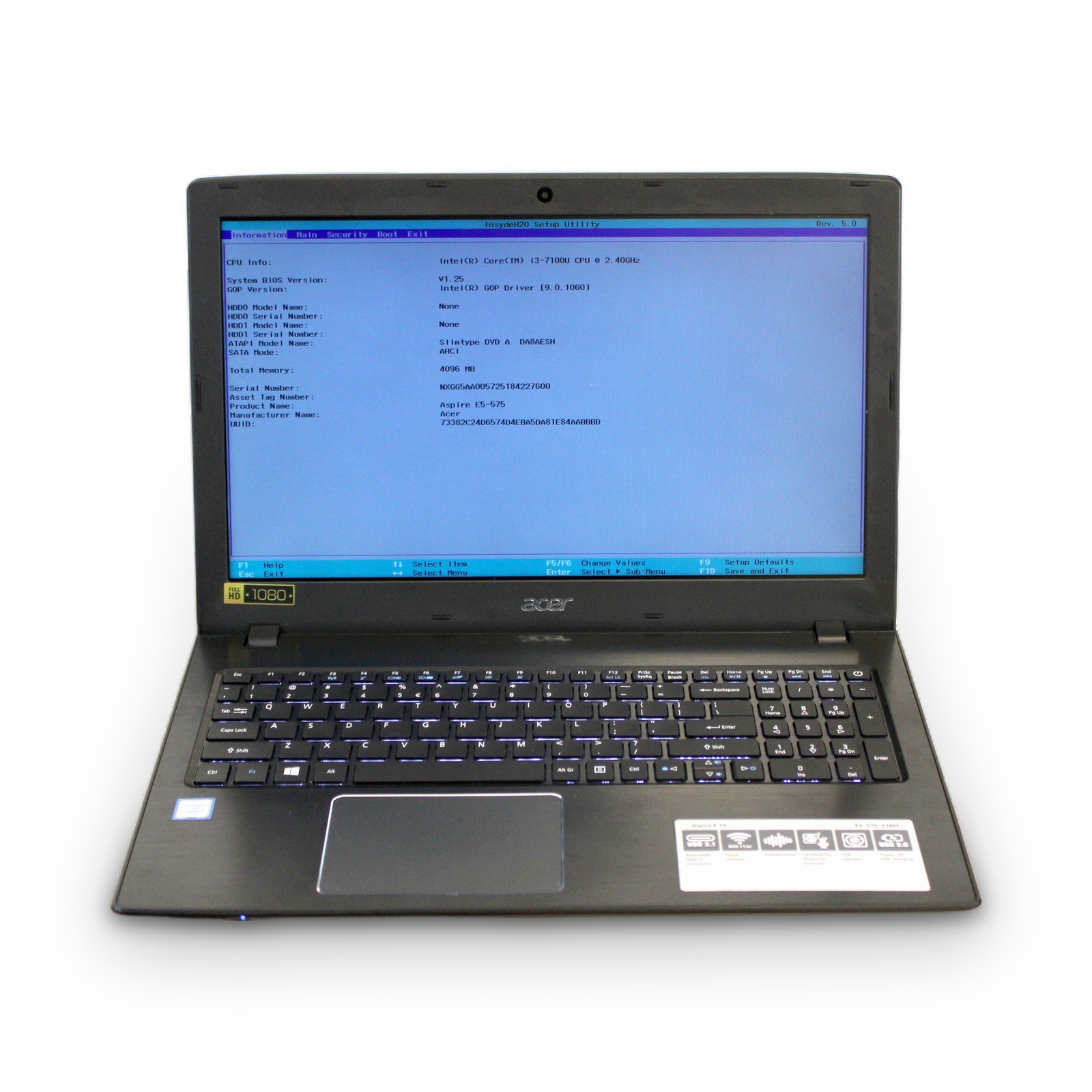 Acer Aspire E5-575-33BM 15.6in FHD i3-7100U 4GB No OS, Drive, Power Cord