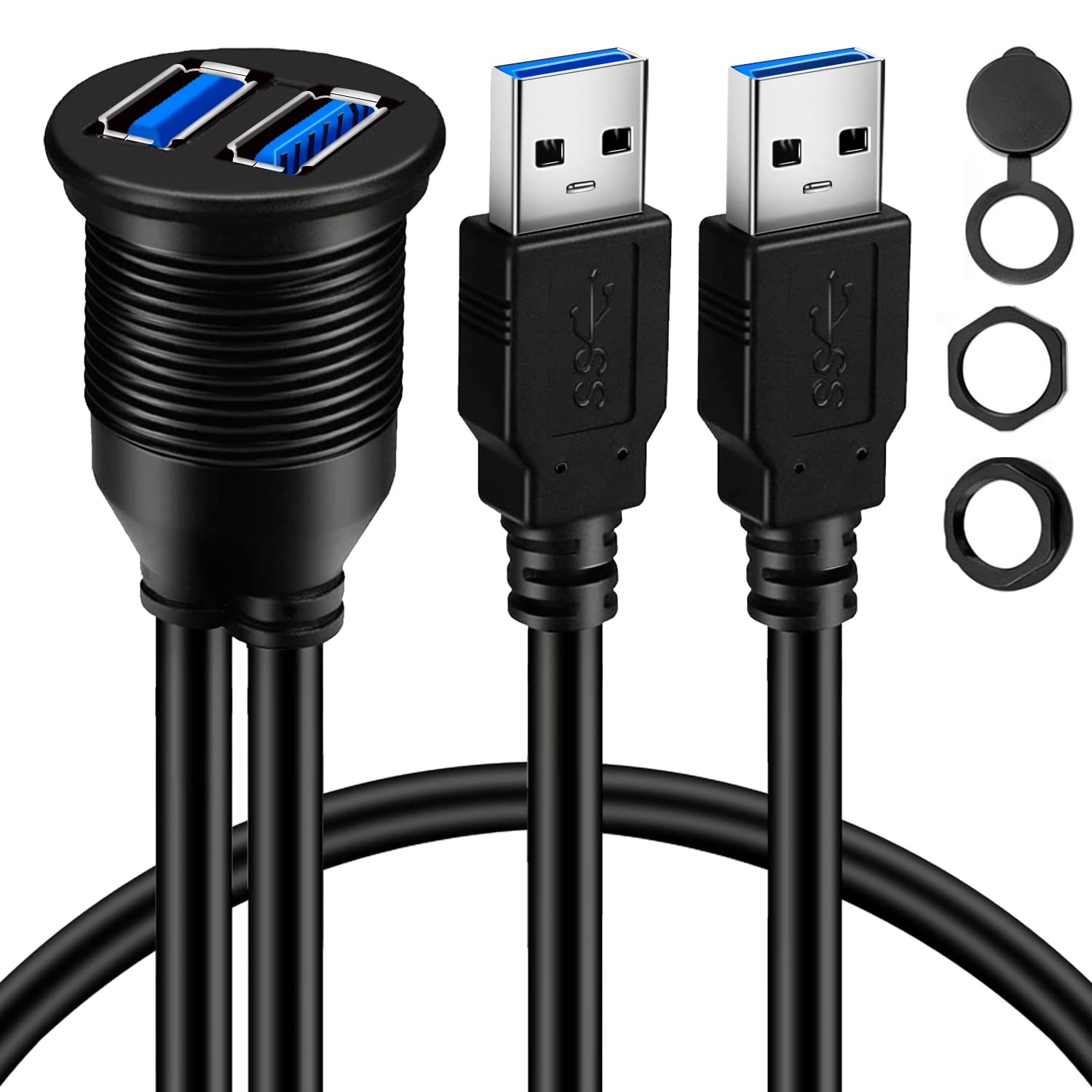 BATIGE 2 Ports Dual USB 3.0 Male to Female AUX Flush 1pcs 1ft, Black
