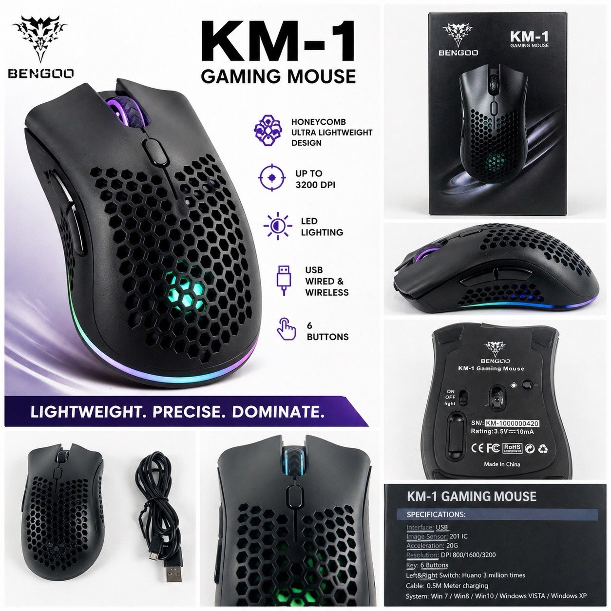 Bengoo KM-1 Gaming Mouse LED Honeycomb Lightweight USB RGB Black
