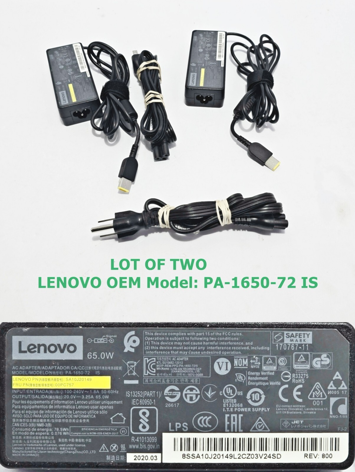 LOT OF (2) OEM Lenovo 20V 3.25A 65W Charger AC Adapter PA-1650-72 IS Square Tip