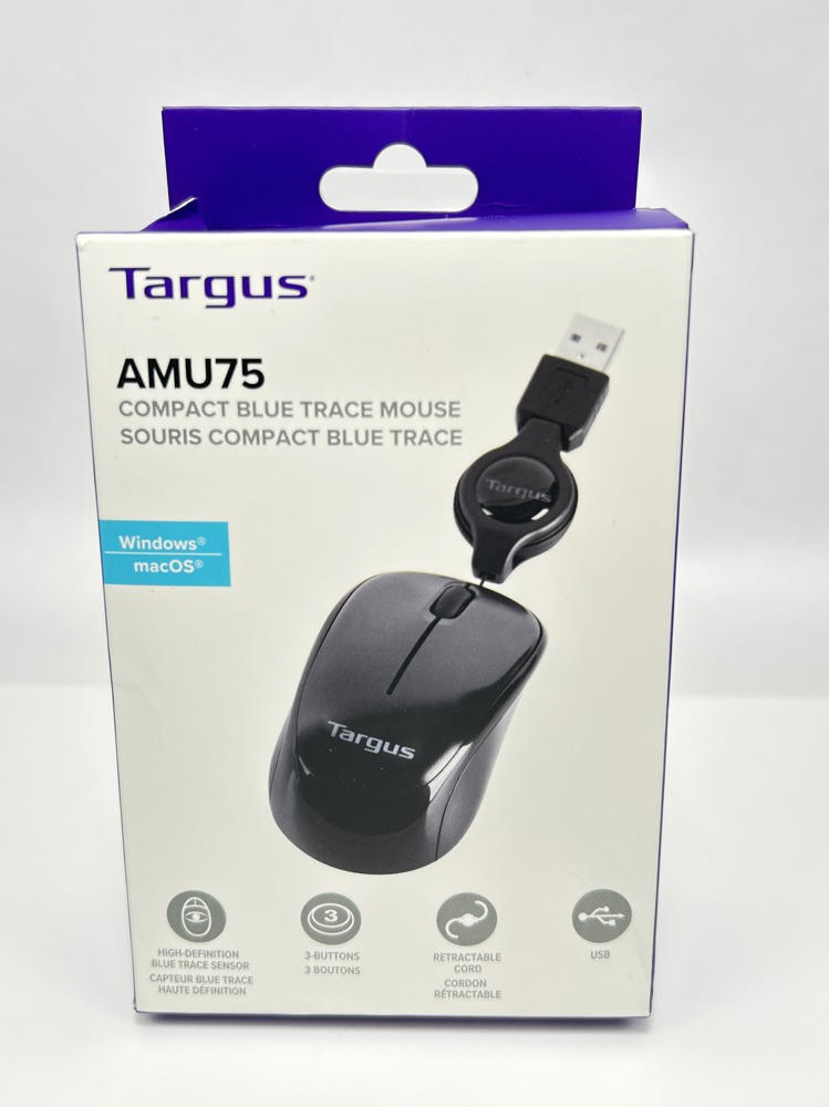 Targus Compact Mouse Blue Trace Retractable USB Cord Windows Mac AMU75US