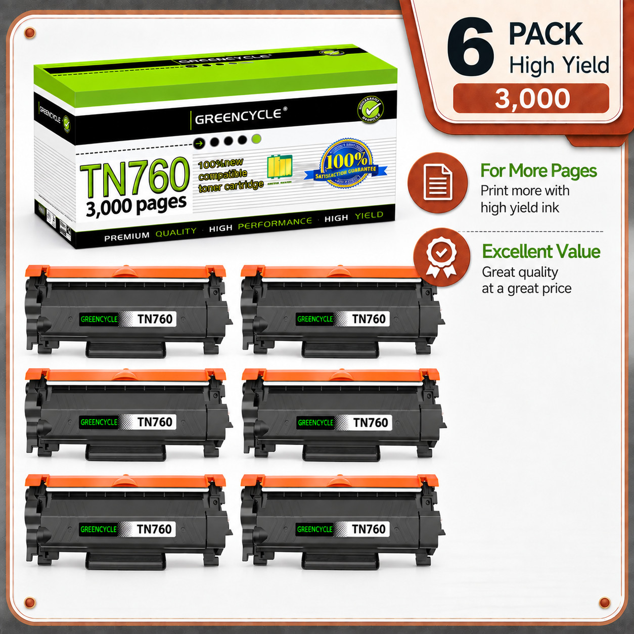 6PK TN760 Toner Cartridges fits for Brother MFC-L2710dw HL-L2730DW MFC-L2750DW