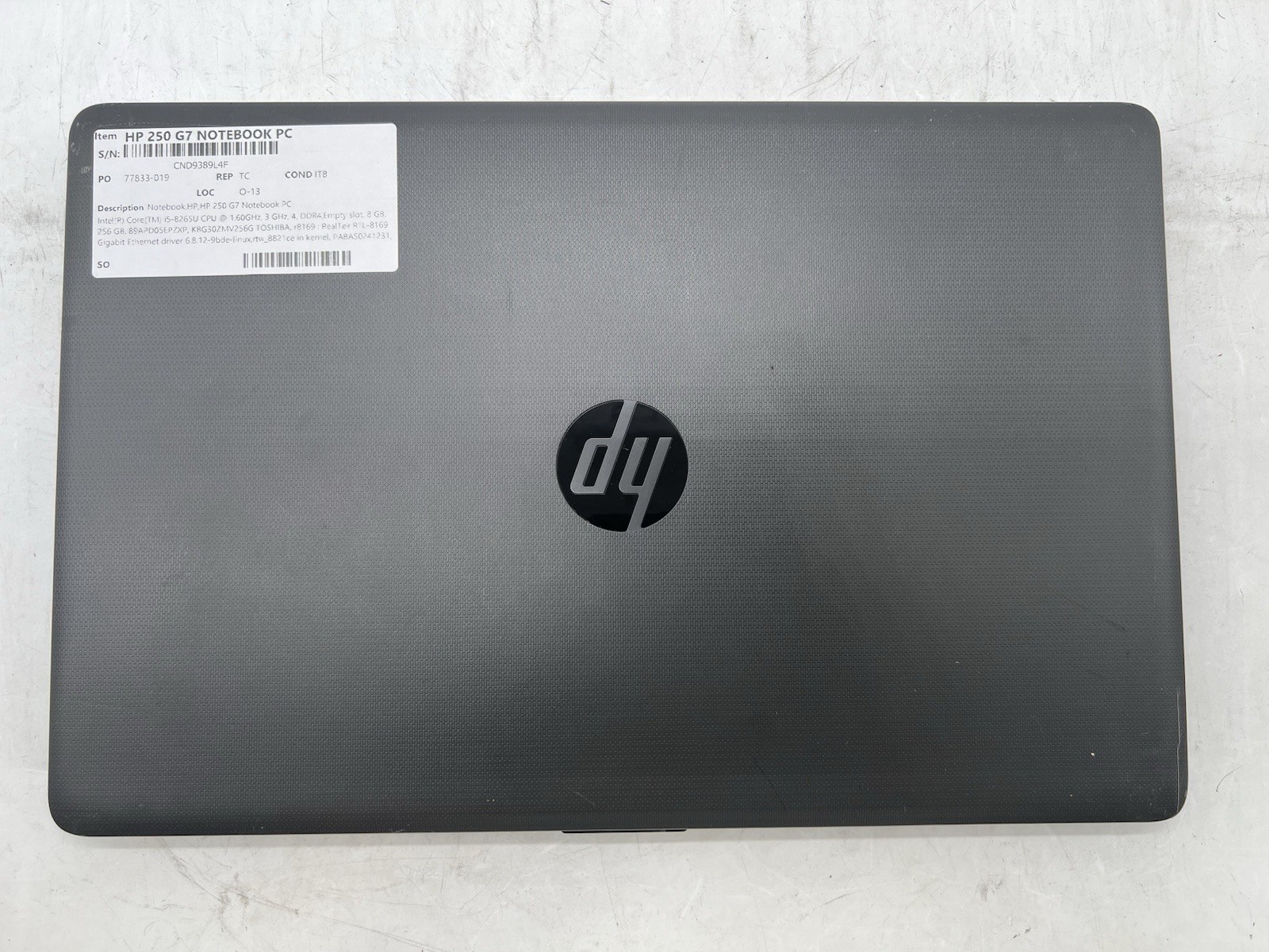HP 250 G7 Notebook, i5-8265U CPU, @ 1.60GHz, 8GB RAM, 256GB NVMe-No OS/Charger