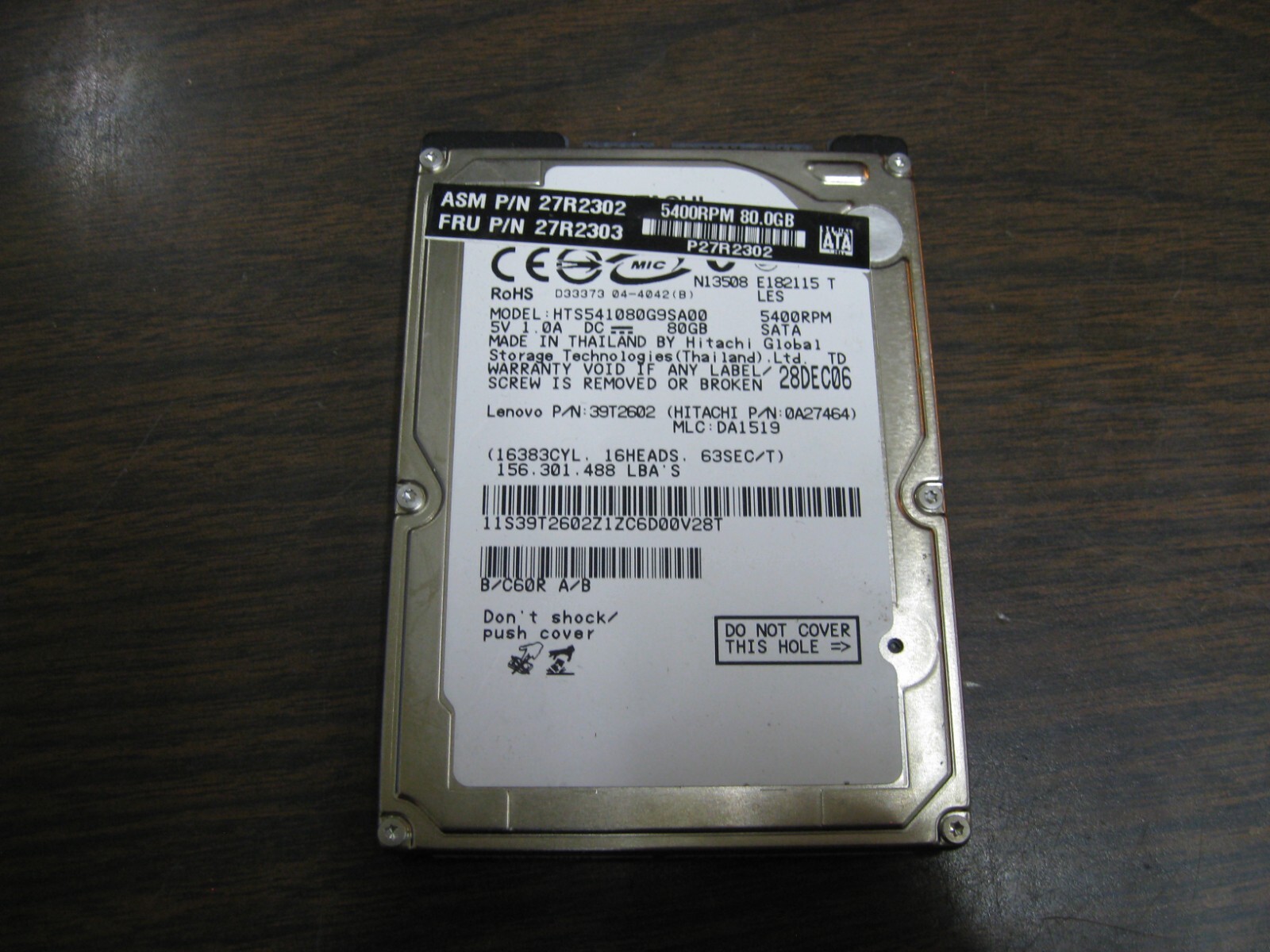 Hitachi HTS541080G9SA00 MLC:DA1519 PN:0A27464 80gb Sata 2.5" Hard Drive 27r2302