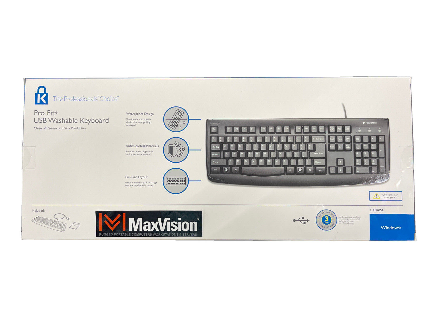 Kensington K64407US Wired Keyboard - Waterproof/Washable