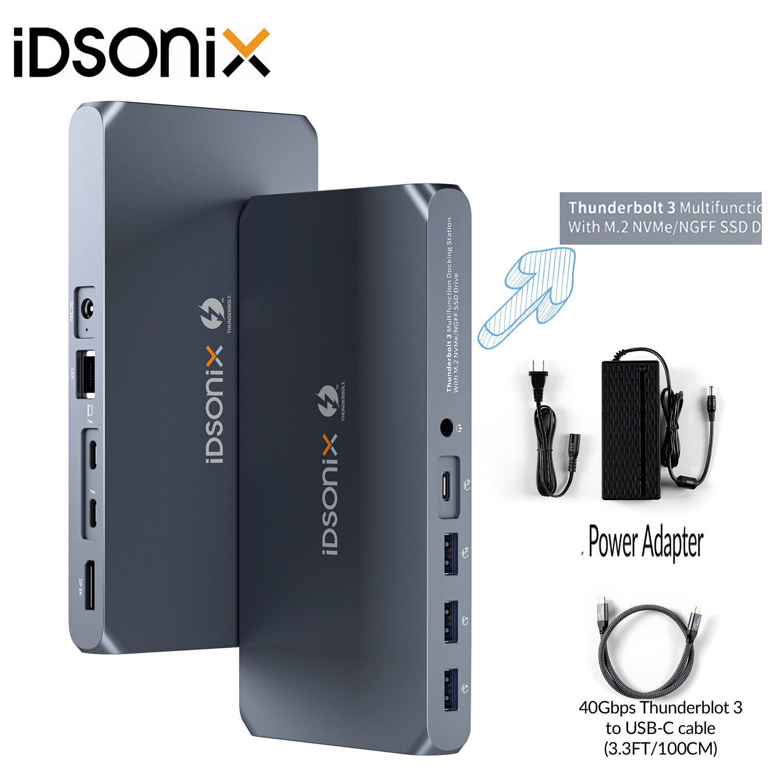 IDsonix 2Bay Thunderbolt 3 HUB M.2 NVMe/NGFF USB-C Docking Station 8K@60Hz DP1.4