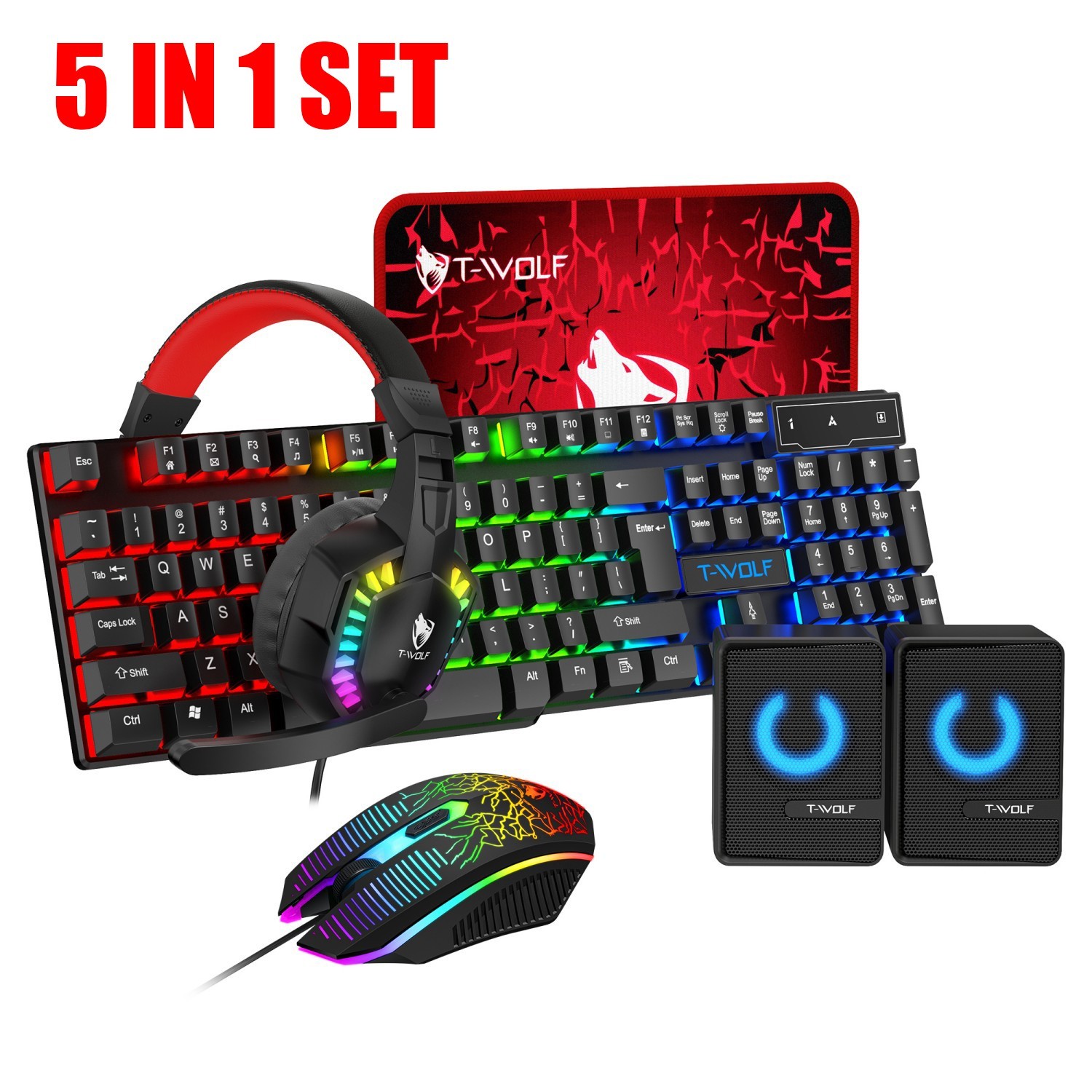 5-in-1 Wired Gaming Keyboard Mouse Headset Mouse Pad Speaker RGB LED PC Gamer