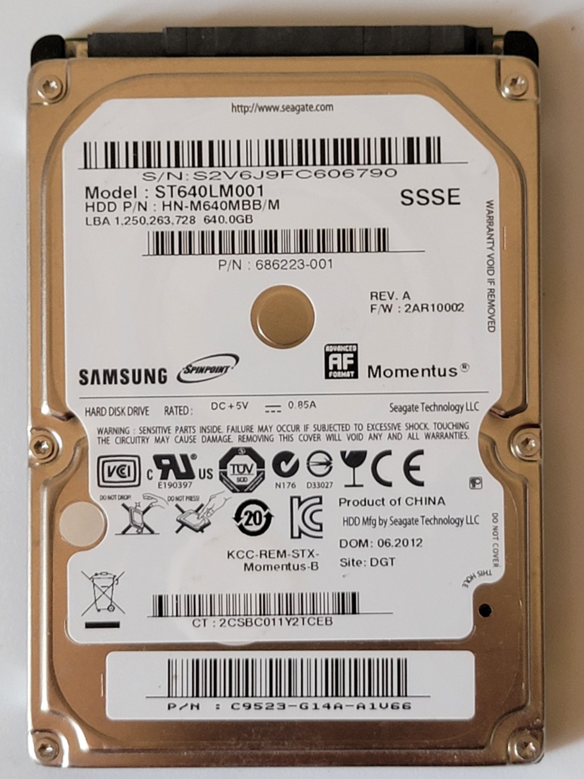 Samsung ST640LM001 HN-M640MBB/M 2.5" 640GB DOM:06.2012
