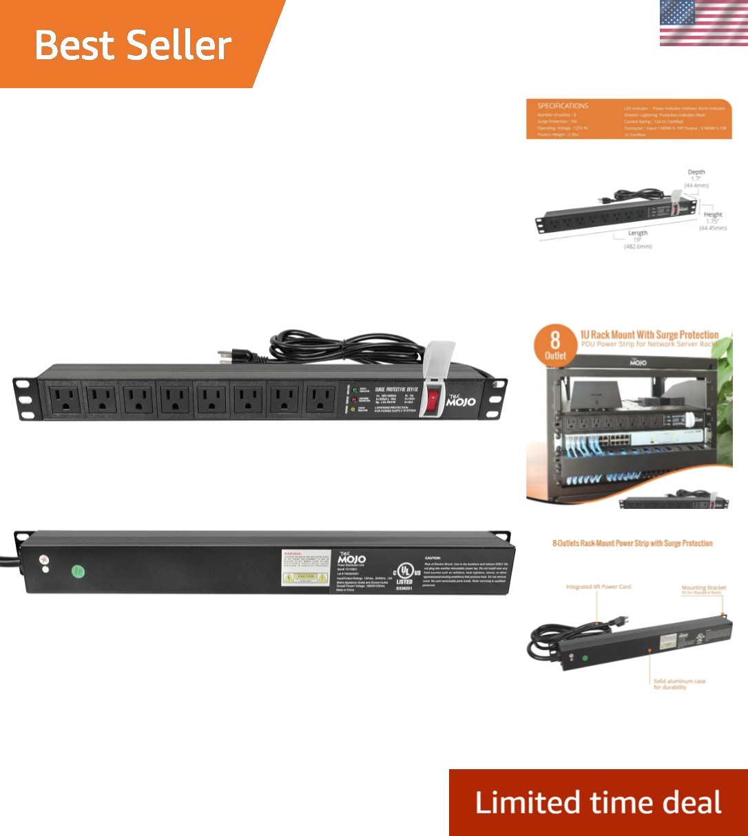 Versatile 8-Outlet Rack-Mount Power Strip with Surge Protection & LED Indicators