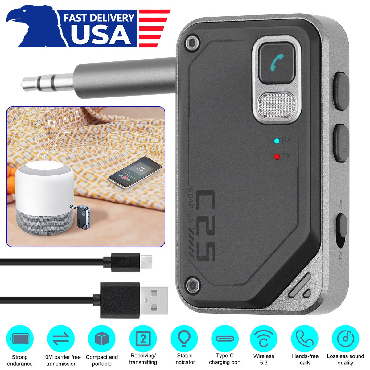 Car Wireless Bluetooth V5.3 Transmitter Receiver Adapter AUX Audio 3.5mm Jack US