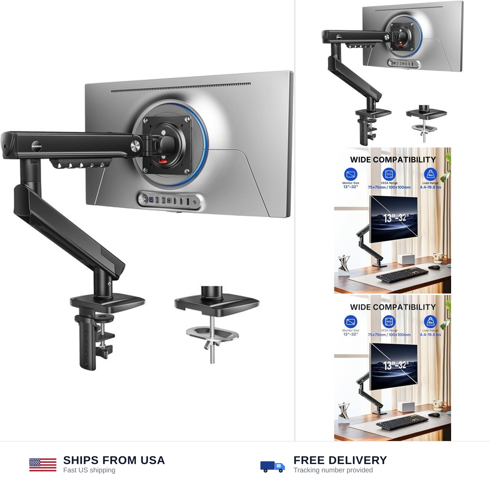 HUANUO FlowLift™ Pro Monitor Arm for 13–32" Screens, MechaSpring Monitor Moun...